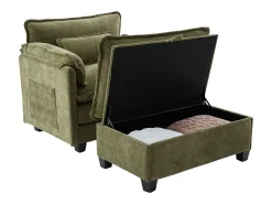 Poltrona com apoio para os pés e almofada com espaço de arrumação - Tecido chenille - Verde azeitona