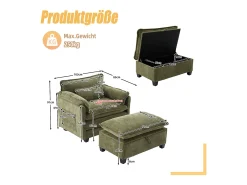 Poltrona com apoio para os pés e almofada com espaço de arrumação - Tecido chenille - Verde azeitona