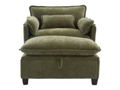 Poltrona com apoio para os pés e almofada com espaço de arrumação - Tecido chenille - Verde azeitona