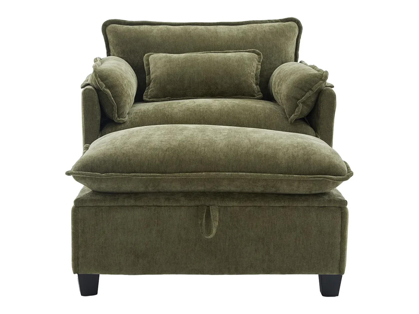 Poltrona com apoio para os pés e almofada com espaço de arrumação - Tecido chenille - Verde azeitona