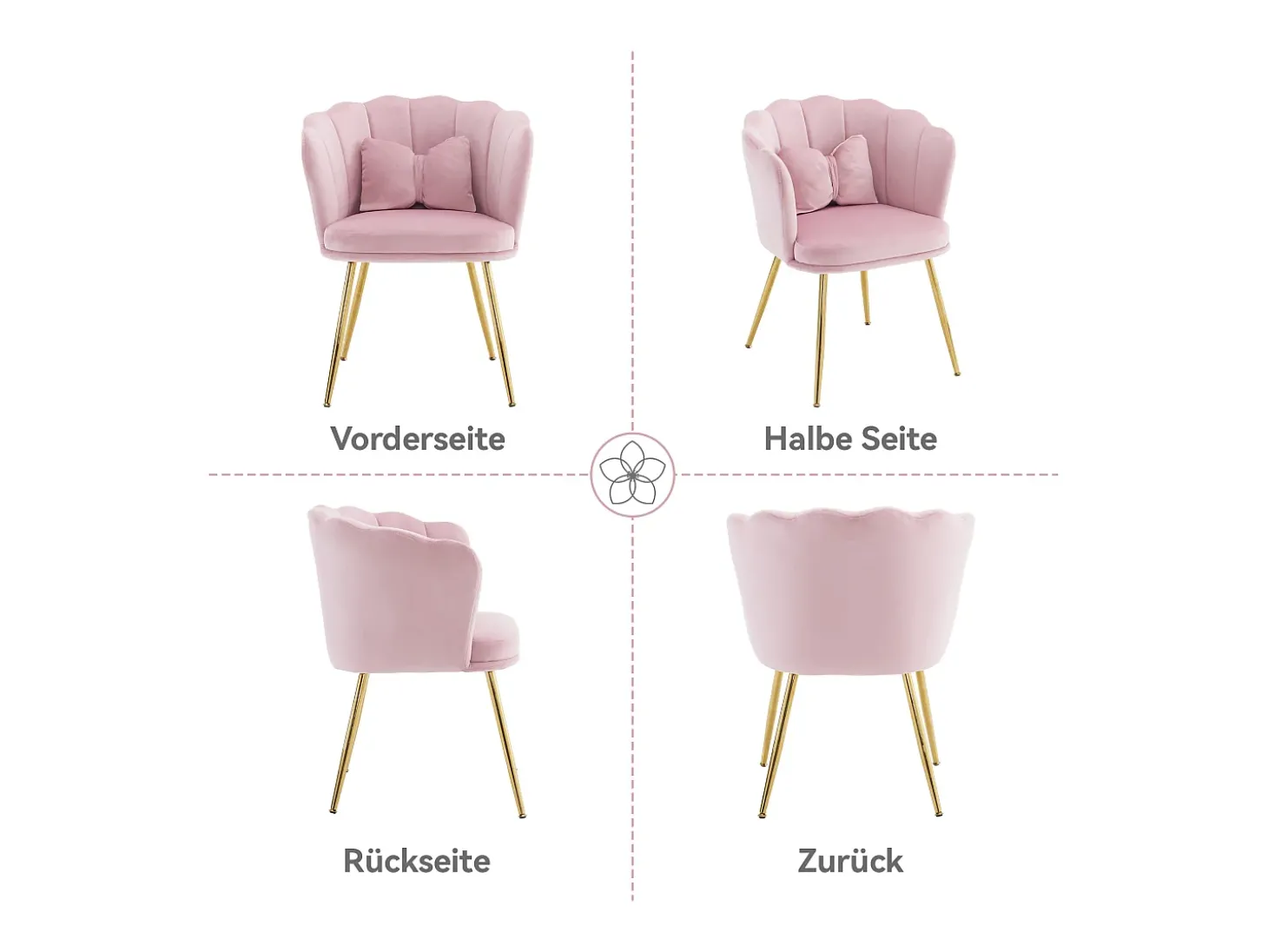 Poltrona com encosto em forma de pétalas, almofadas em forma de borboleta, veludo, ROSA