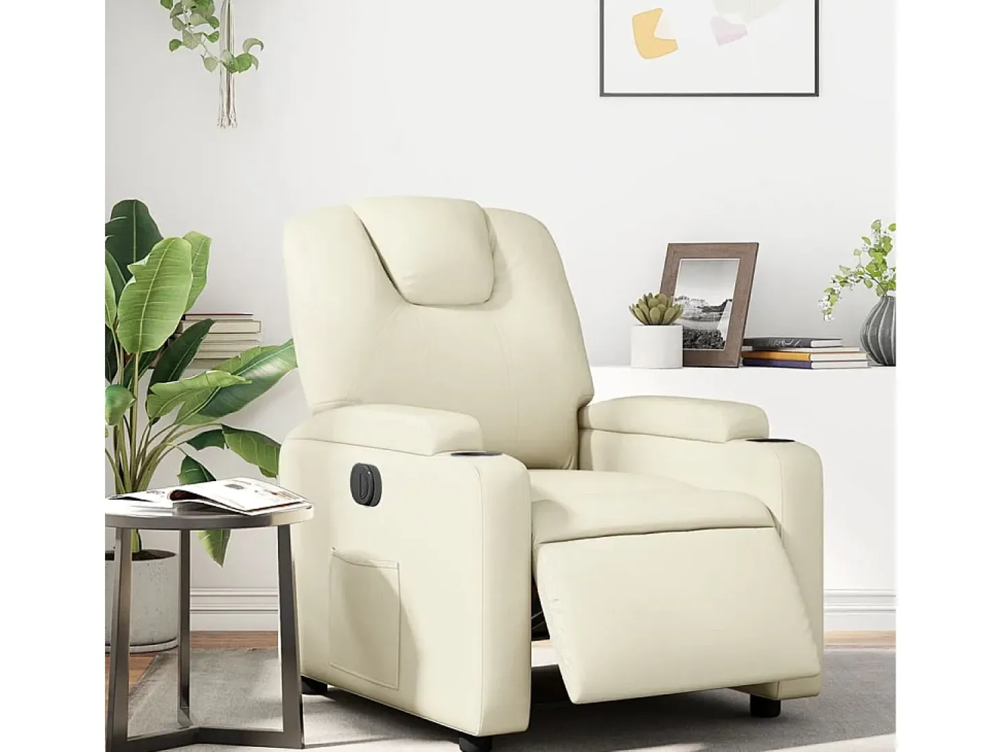 Poltrona Confortável | Poltrona reclinável elétrica couro artificial cor creme SHL982425
