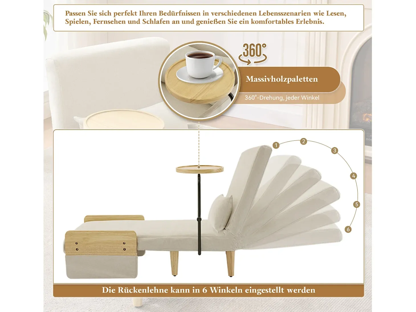 Poltrona convertível 3 em 1 com função de cama - Almofada e base em madeira - Tecido de linho bege