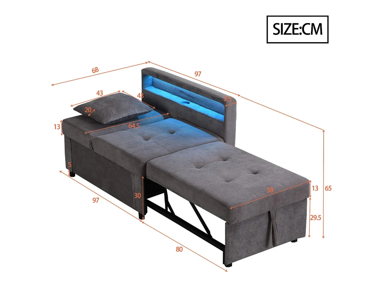 Poltrona convertível com LED, USB, Type-C e suporte lombar - Sofá-cama multifunções - Tecido de linho cinzento escuro