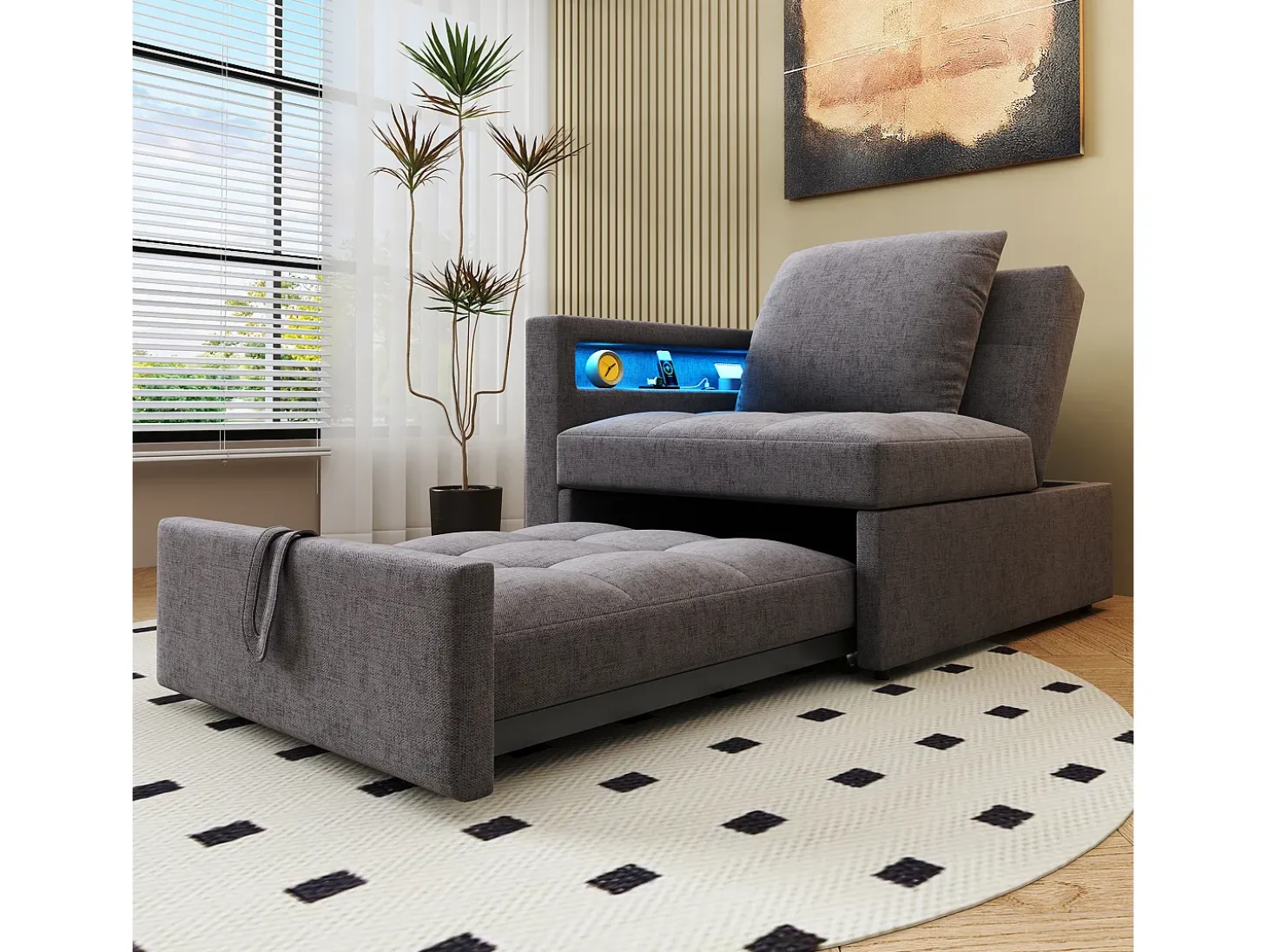 Poltrona convertível com LED, USB, Type-C e suporte lombar - Sofá-cama multifunções - Tecido de linho cinzento escuro