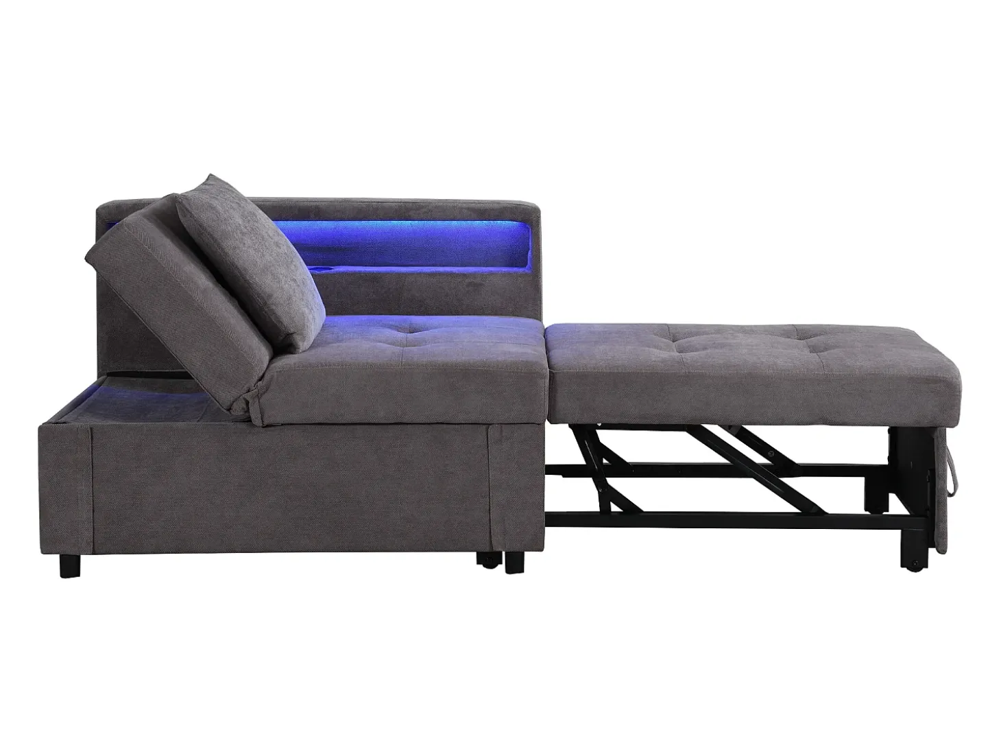 Poltrona convertível com LED, USB, Type-C e suporte lombar - Sofá-cama multifunções - Tecido de linho cinzento escuro