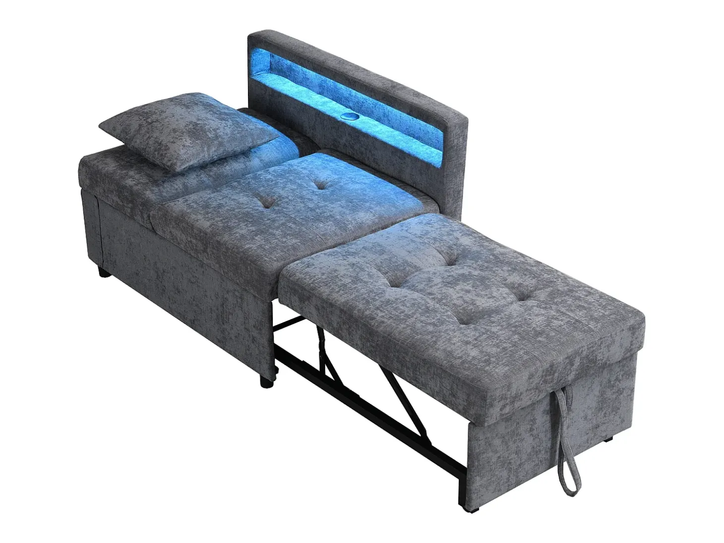 Poltrona convertível com LED, USB, entrada Type-C e apoio lombar - Sofá-cama multifunções - Tecido de linho cinzento