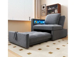 Poltrona convertível com LED, USB, entrada Type-C e apoio lombar - Sofá-cama multifunções - Tecido de linho cinzento