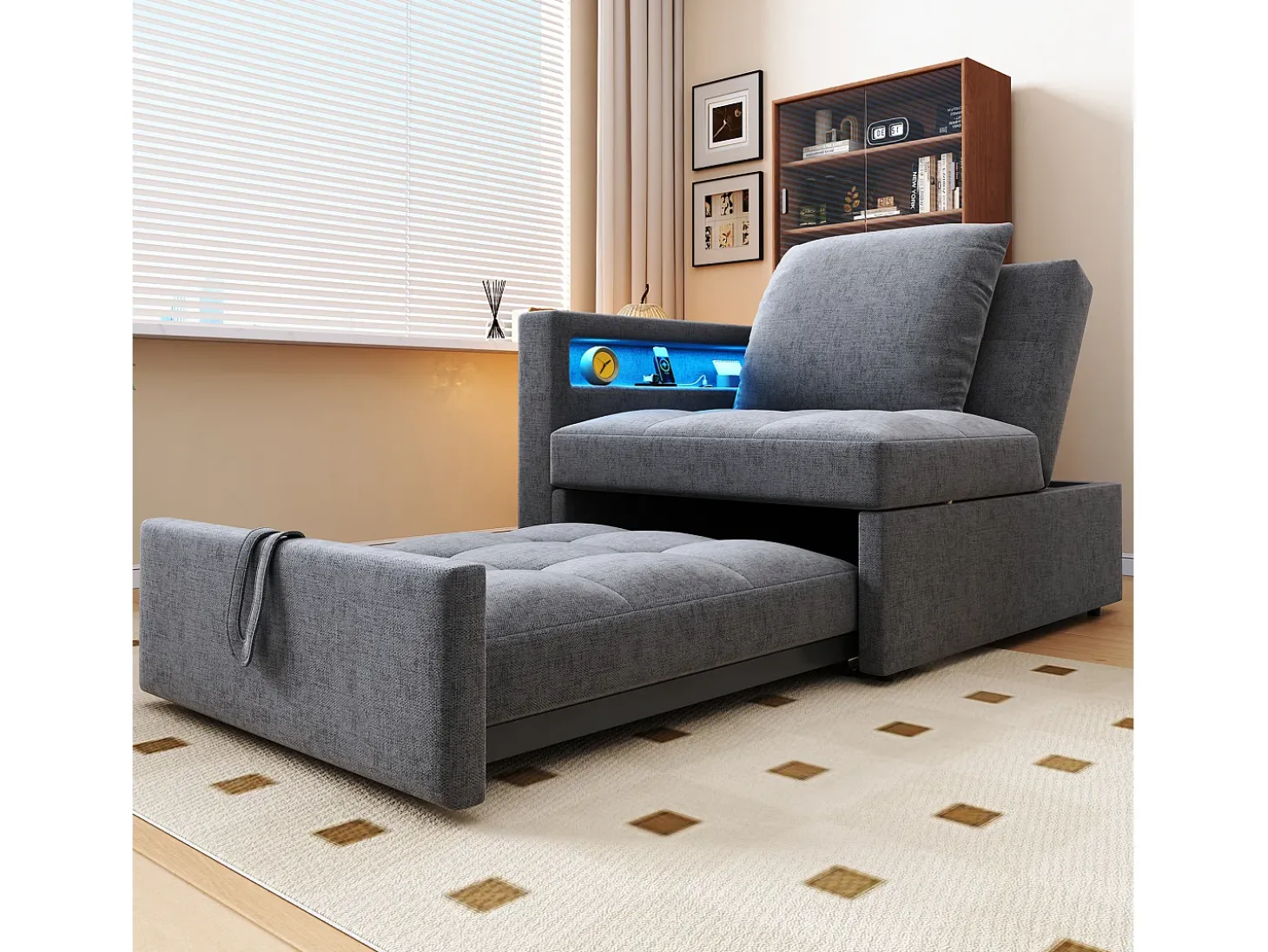 Poltrona convertível com LED, USB, entrada Type-C e apoio lombar - Sofá-cama multifunções - Tecido de linho cinzento