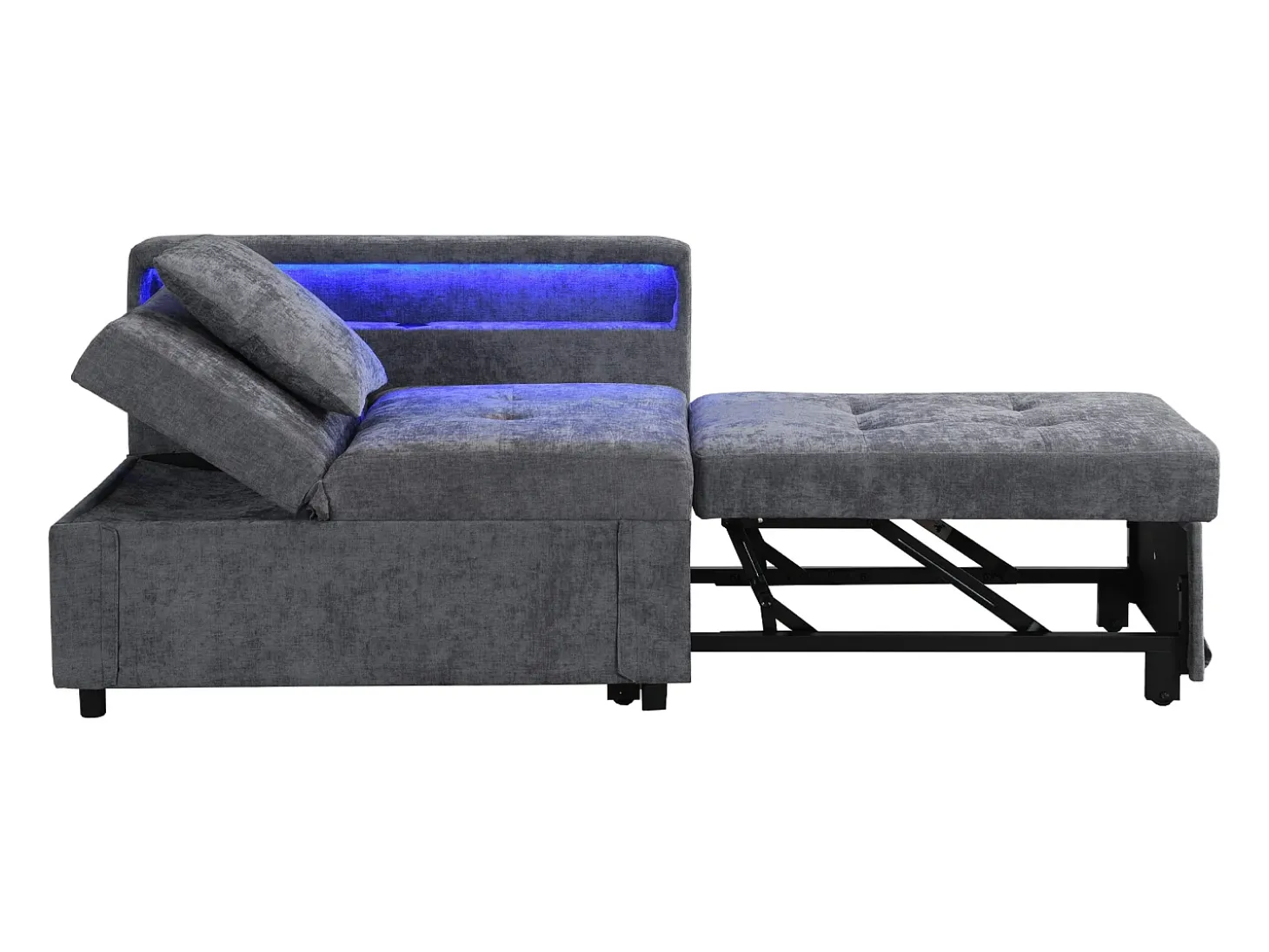 Poltrona convertível com LED, USB, entrada Type-C e apoio lombar - Sofá-cama multifunções - Tecido de linho cinzento