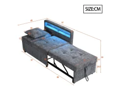 Poltrona convertível com LED, USB, entrada Type-C e apoio lombar - Sofá-cama multifunções - Tecido de linho cinzento