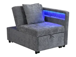 Poltrona convertível com LED, USB, entrada Type-C e apoio lombar - Sofá-cama multifunções - Tecido de linho cinzento