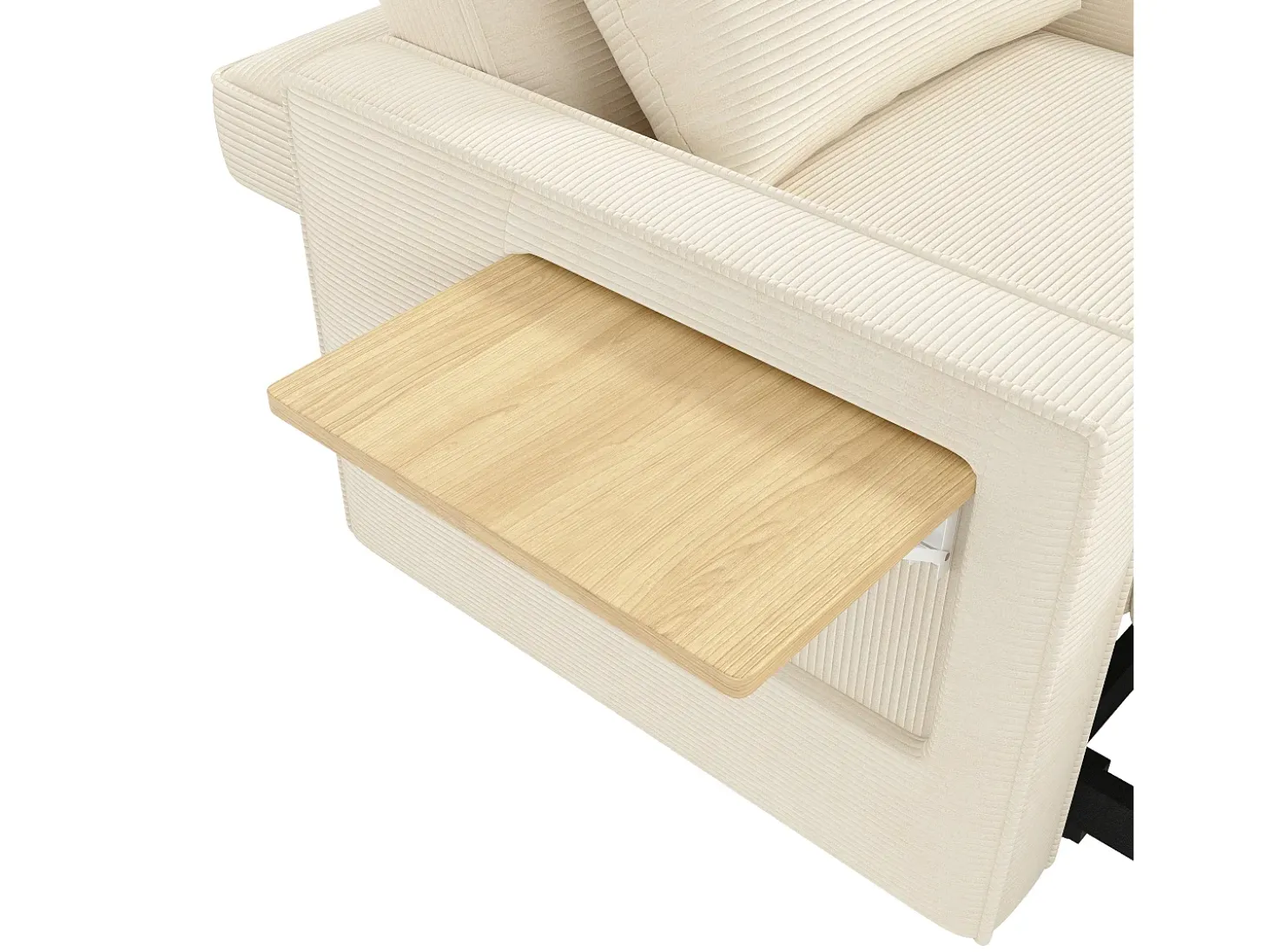 Poltrona convertível em bombazine bege - Sofá individual com mesa de apoio e portas USB/Tipo-C