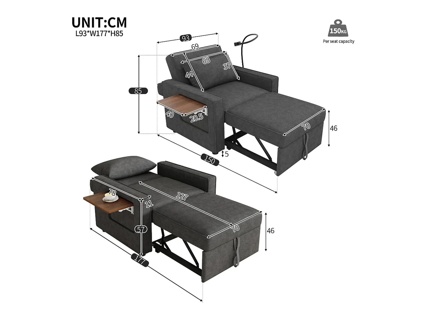 Poltrona convertível em bombazine cinzento - Sofá individual com mesa de apoio e portas USB/Tipo-C