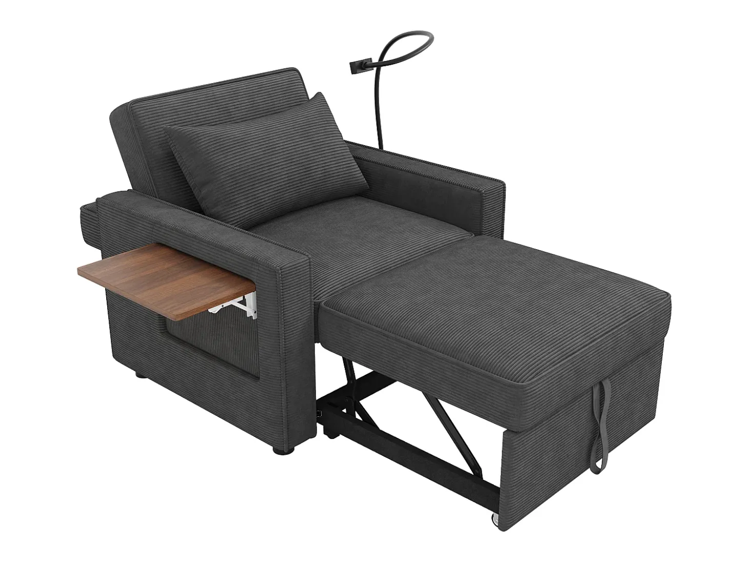 Poltrona convertível em bombazine cinzento - Sofá individual com mesa de apoio e portas USB/Tipo-C