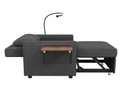 Poltrona convertível em bombazine cinzento - Sofá individual com mesa de apoio e portas USB/Tipo-C
