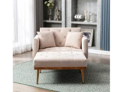 Poltrona convertível em veludo bege com encosto regulável em 3 posições 165x90x77cm