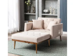 Poltrona convertível em veludo bege com encosto regulável em 3 posições 165x90x77cm