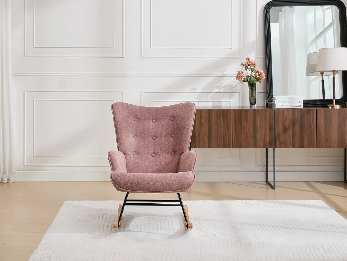 Poltrona de balanço em tecido mesclado cor rosa ELMINA