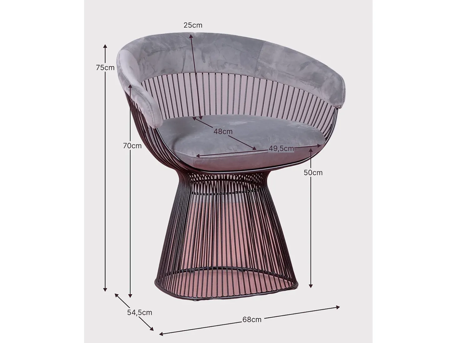 Poltrona de design estofada em veludo e estrutura em aço - Albert - Cinza
