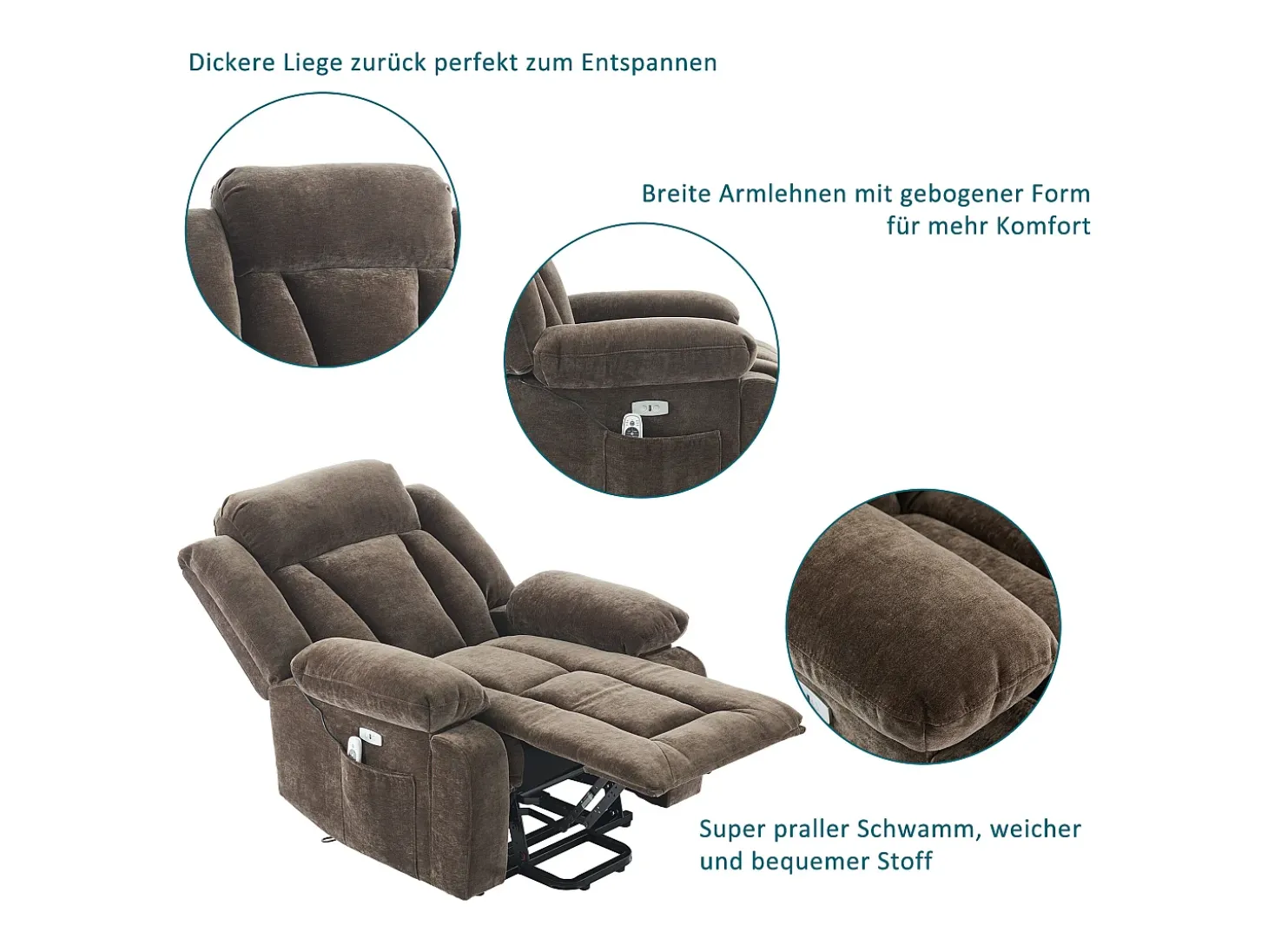Poltrona de massagem elétrica - 95 x 94 x 107 cm - com massagem de 8 pontos + função de aquecimento e elevação - tecido - marrom