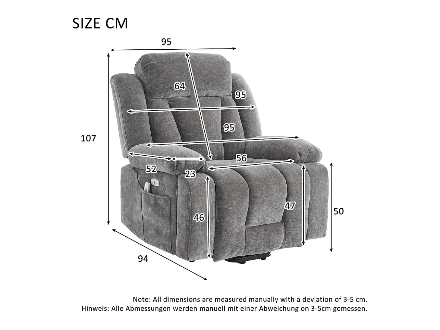 Poltrona de massagem elétrica - 95 x 94 x 107 cm - com massagem de 8 pontos + função de aquecimento e elevação - tecido - cinza