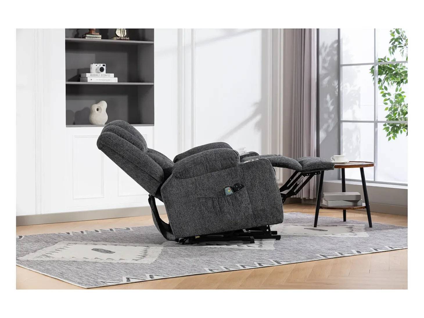 Poltrona elétrica com massagem e aquecimento - Com apoio para os pés e 2 bolsos laterais - Tecido cinza escuro
