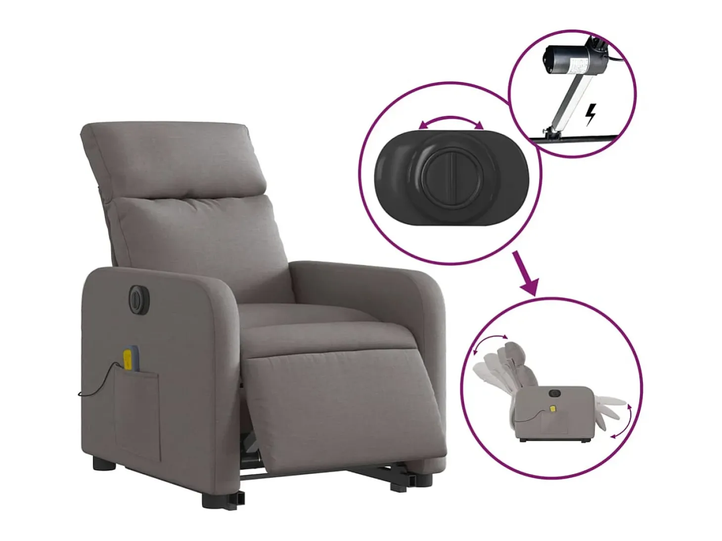 Poltrona elétrica elevatória massagens tecido cinza-acastanhado SHL351508