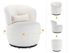 Poltrona giratória - cadeira de relaxamento para sala - almofadada com pelúcia - com base giratória metálica + com almofada lombar - Branco