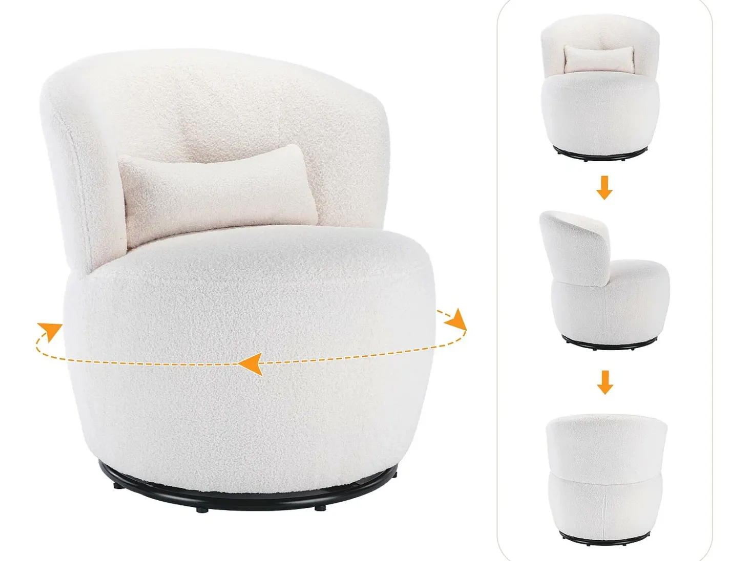 Poltrona giratória - cadeira de relaxamento para sala - almofadada com pelúcia - com base giratória metálica + com almofada lombar - Branco