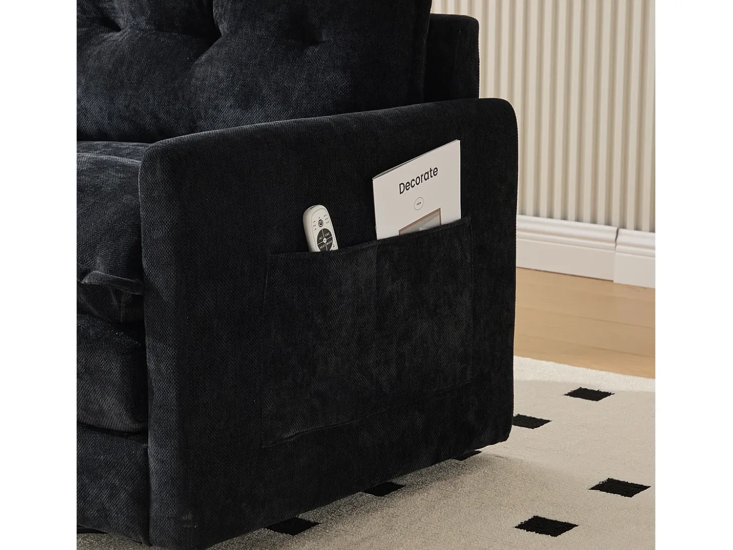 Poltrona giratória com bolso lateral - Tecido chenille - Preto