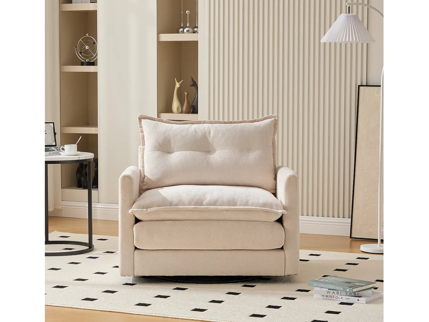 Poltrona giratória com bolso lateral - Tecido chenille - Bege