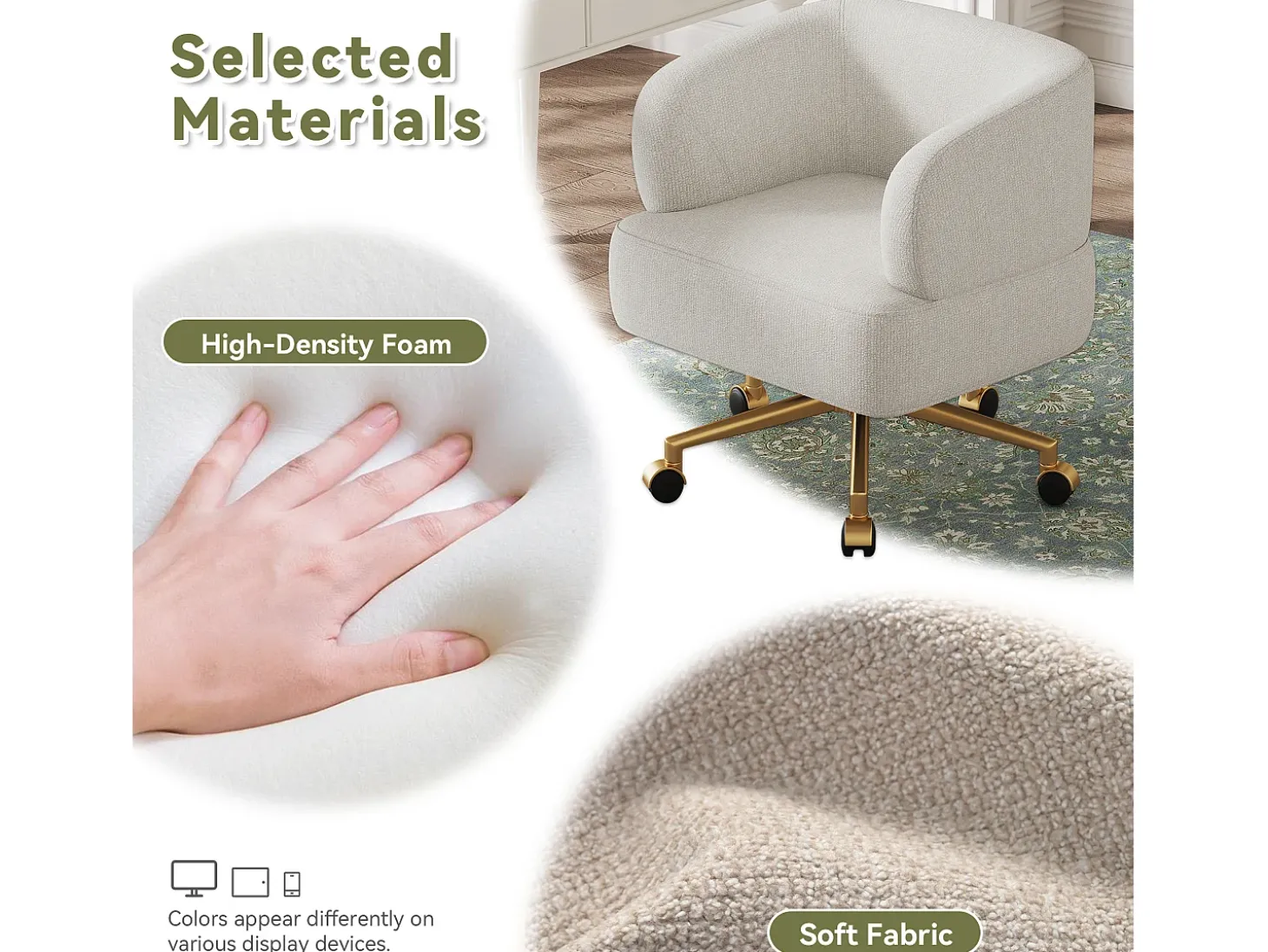 Poltrona giratória em chenille bege com almofada de assento de 20 cm, 71x60x71 cm