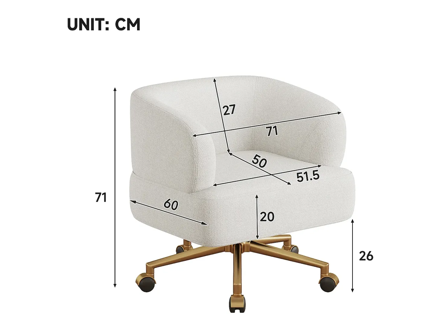 Poltrona giratória em chenille bege com almofada de assento de 20 cm, 71x60x71 cm