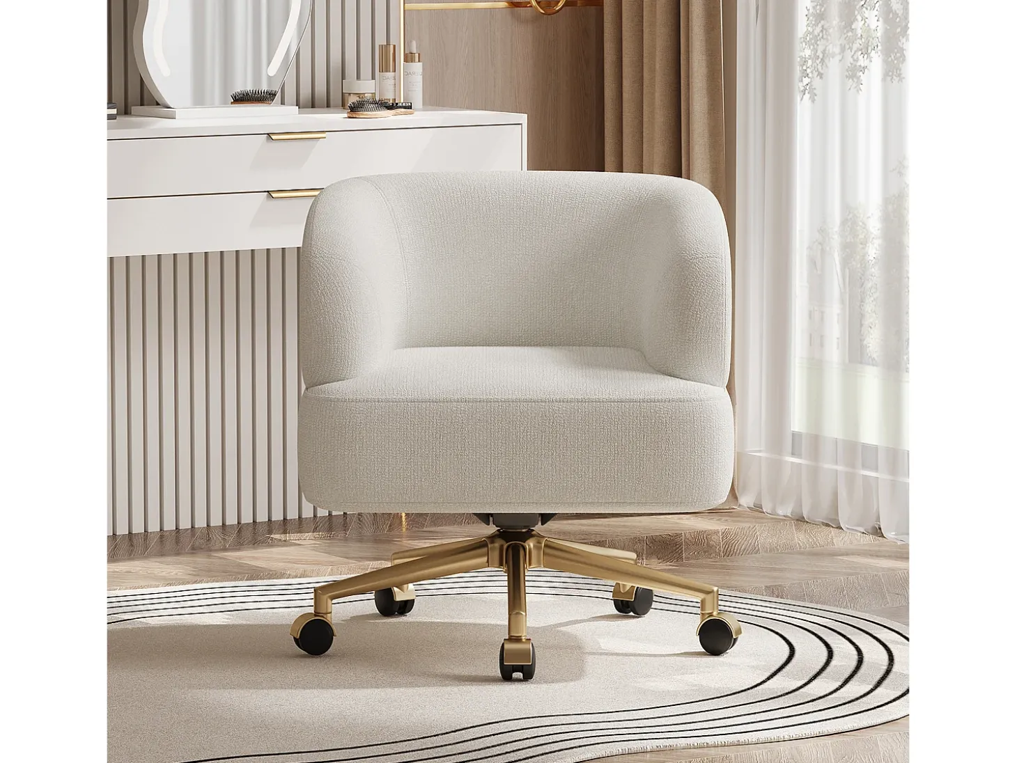 Poltrona giratória em chenille bege com almofada de assento de 20 cm, 71x60x71 cm