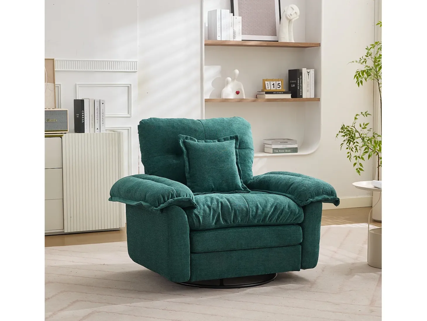 Poltrona giratória em tecido chenille verde com almofada - Ideal para sala de estar, quarto e escritório.