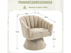 Poltrona giratória moderna 360° - 70 x 66 x 72 cm - com assento e encosto ergonômicos + apoios de braço - veludo - cáqui