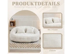 Poltrona Preguiçosa de Chenille - 2 Lugares - com 2 Almofadas - 62cm Profundidade do Assento - Carga Máx. 250kg - Bege