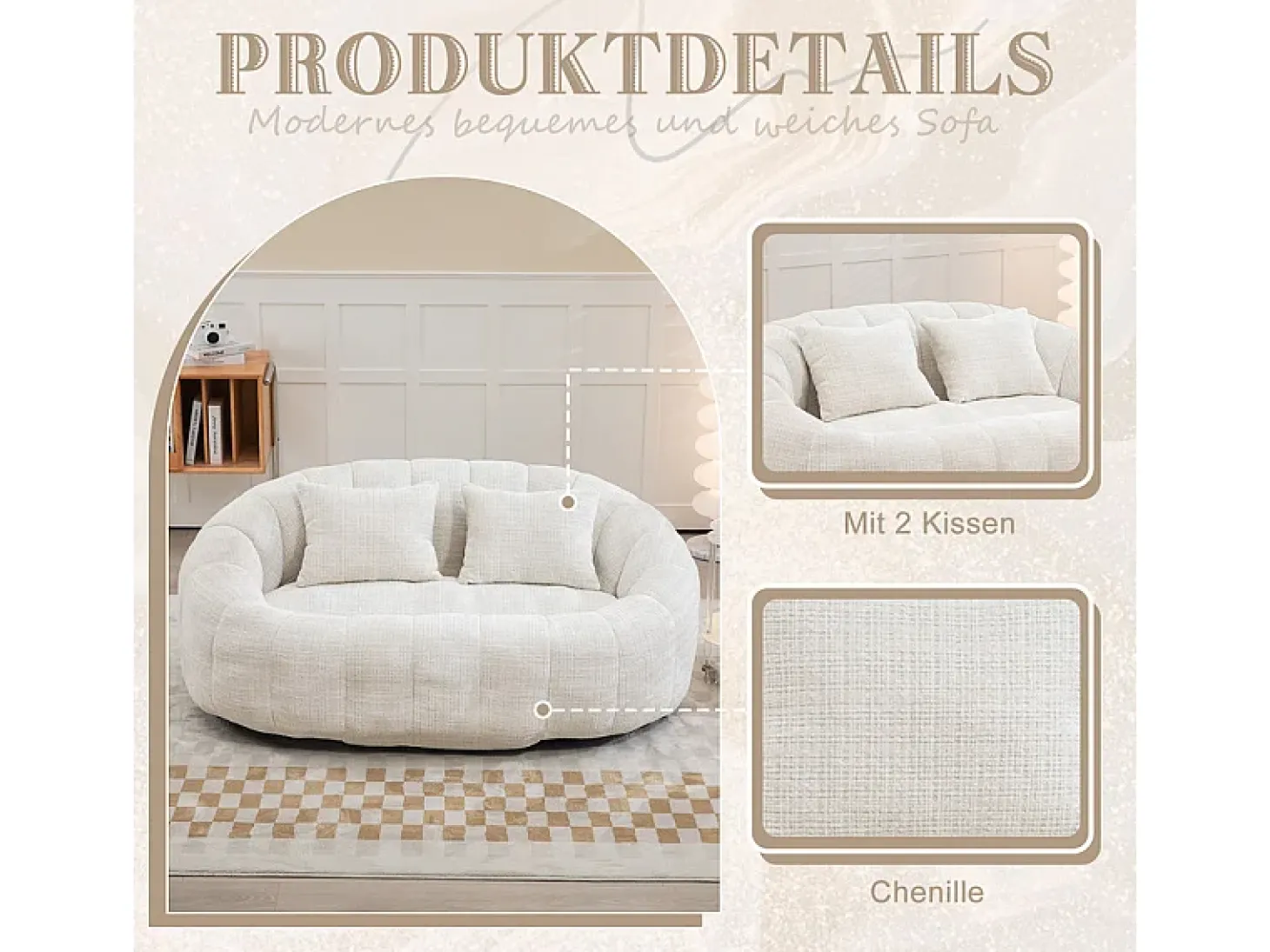Poltrona Preguiçosa de Chenille - 2 Lugares - com 2 Almofadas - 62cm Profundidade do Assento - Carga Máx. 250kg - Bege