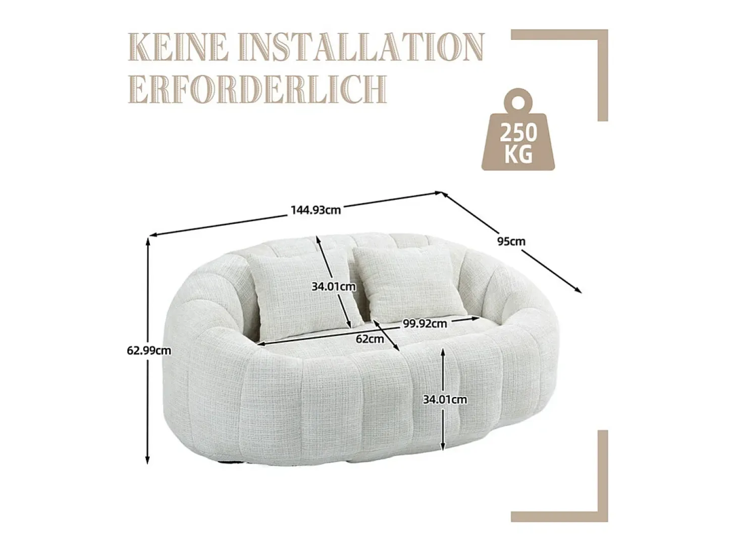 Poltrona Preguiçosa de Chenille - 2 Lugares - com 2 Almofadas - 62cm Profundidade do Assento - Carga Máx. 250kg - Bege