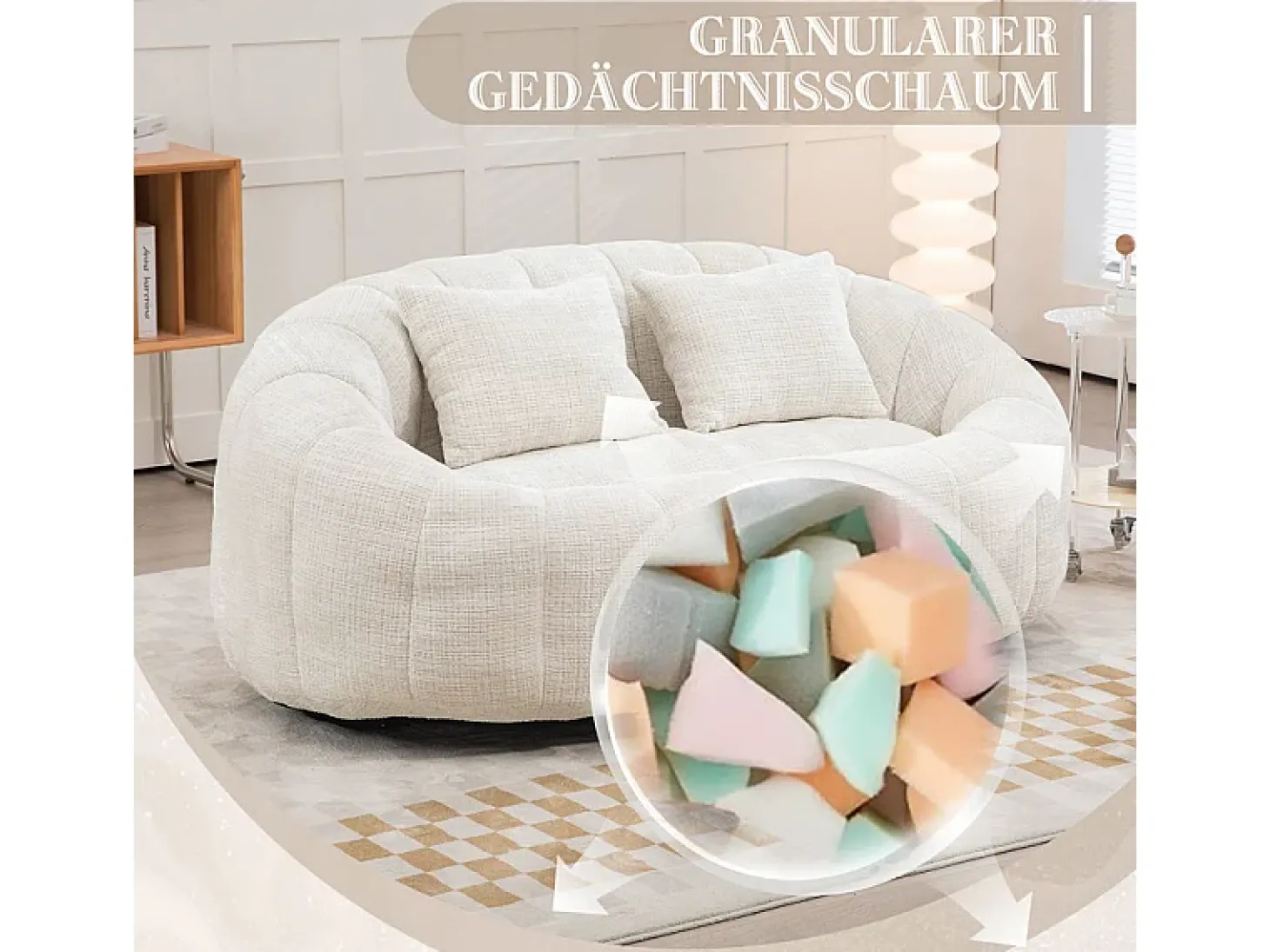 Poltrona Preguiçosa de Chenille - 2 Lugares - com 2 Almofadas - 62cm Profundidade do Assento - Carga Máx. 250kg - Bege