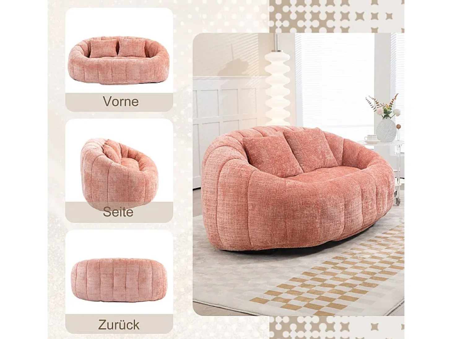 Poltrona Preguiçosa de Chenille - 2 Lugares - com 2 Almofadas - 62cm Profundidade do Assento - Carga Máx. 250kg - Rosa