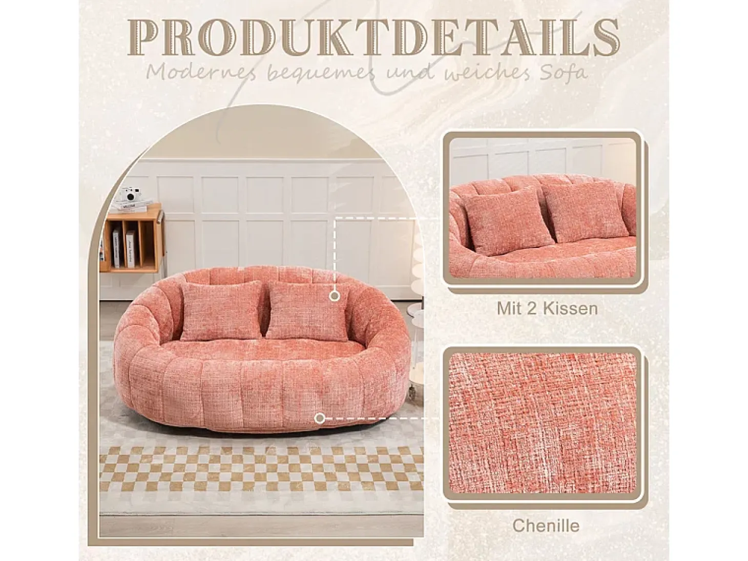 Poltrona Preguiçosa de Chenille - 2 Lugares - com 2 Almofadas - 62cm Profundidade do Assento - Carga Máx. 250kg - Rosa