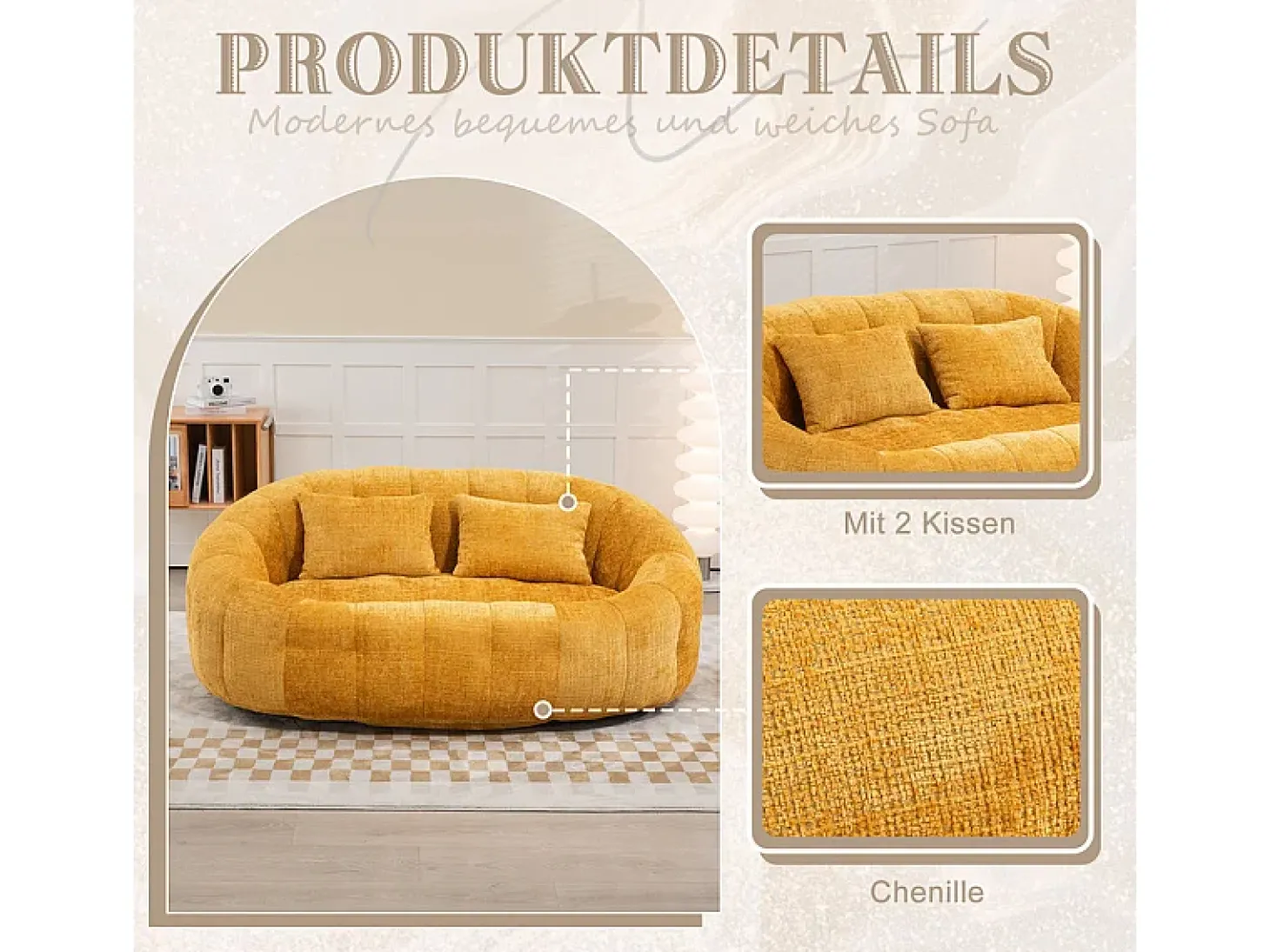 Poltrona Preguiçosa de Chenille - 2 Lugares - com 2 Almofadas - 62cm Profundidade do Assento - Carga Máx. 250kg - Amarelo