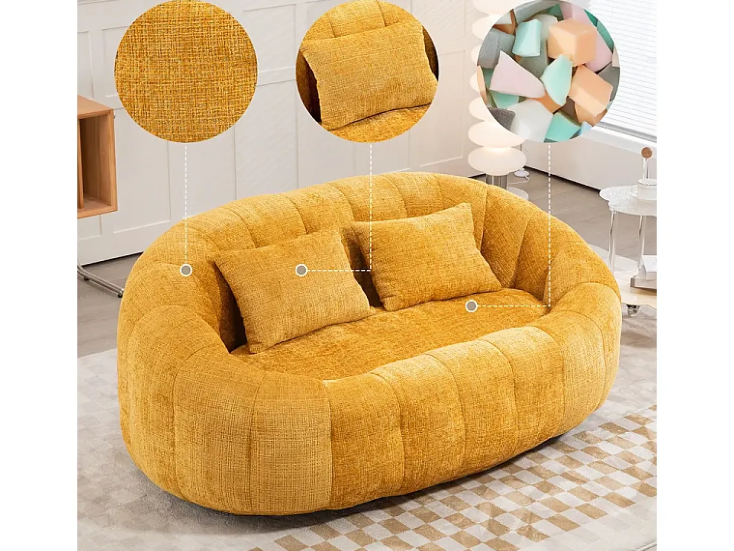 Poltrona Preguiçosa de Chenille - 2 Lugares - com 2 Almofadas - 62cm Profundidade do Assento - Carga Máx. 250kg - Amarelo