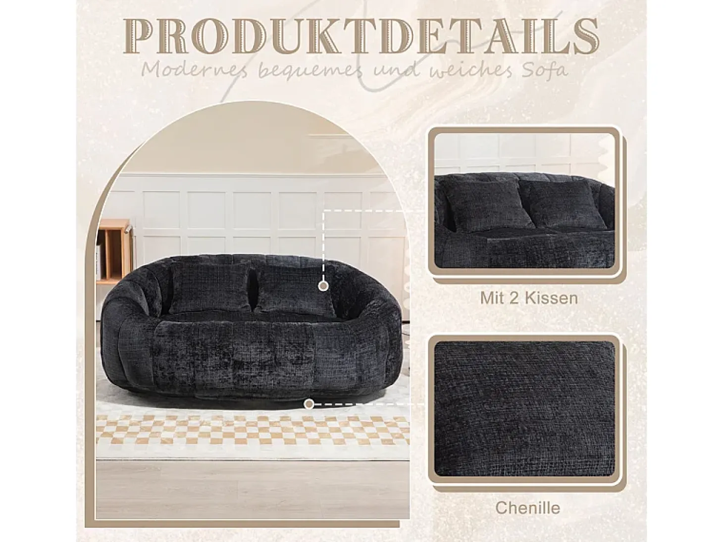Poltrona Preguiçosa de Chenille - 2 Lugares - com 2 Almofadas - 62cm Profundidade do Assento - Carga Máx. 250kg - Preto