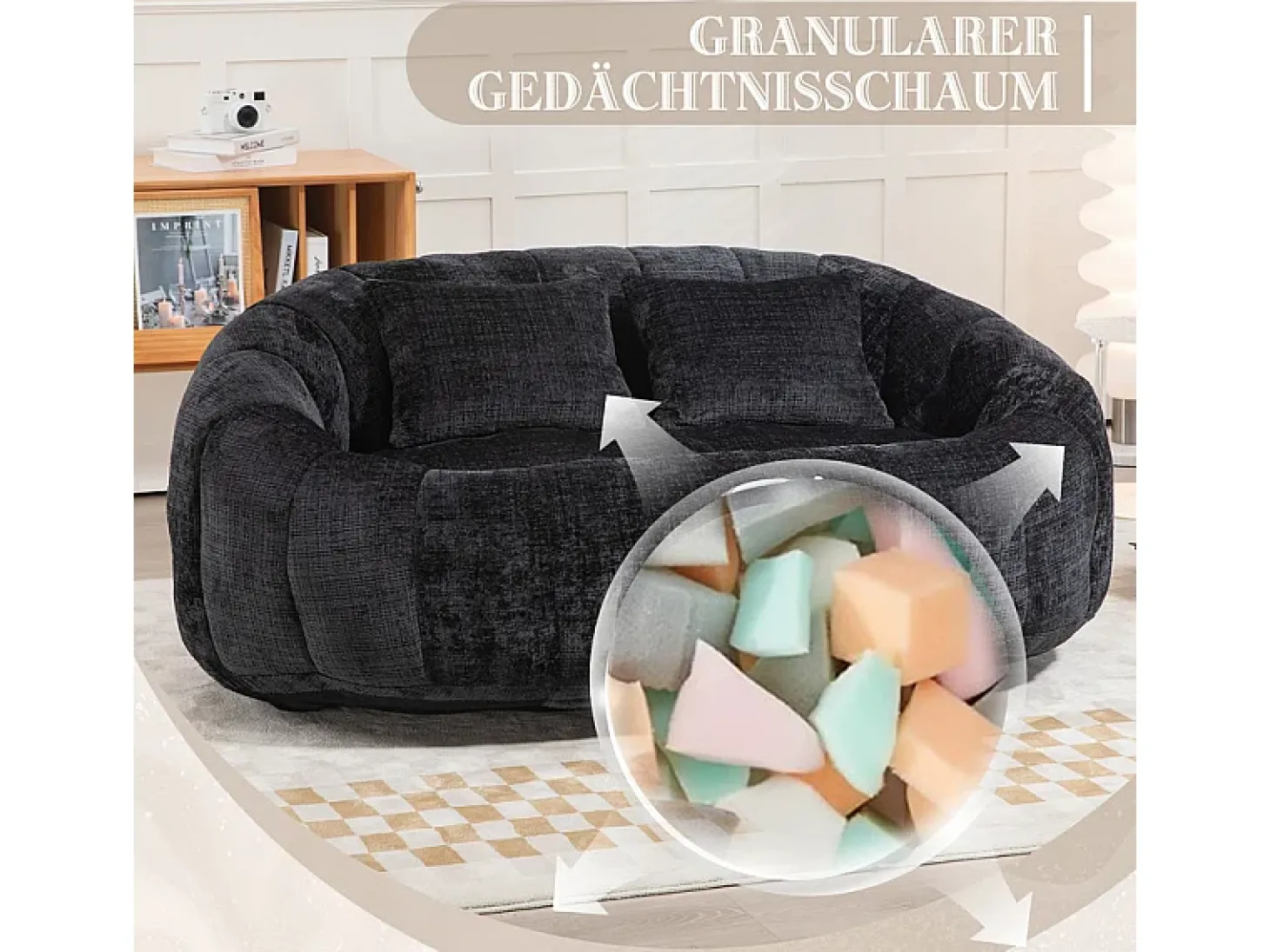 Poltrona Preguiçosa de Chenille - 2 Lugares - com 2 Almofadas - 62cm Profundidade do Assento - Carga Máx. 250kg - Preto