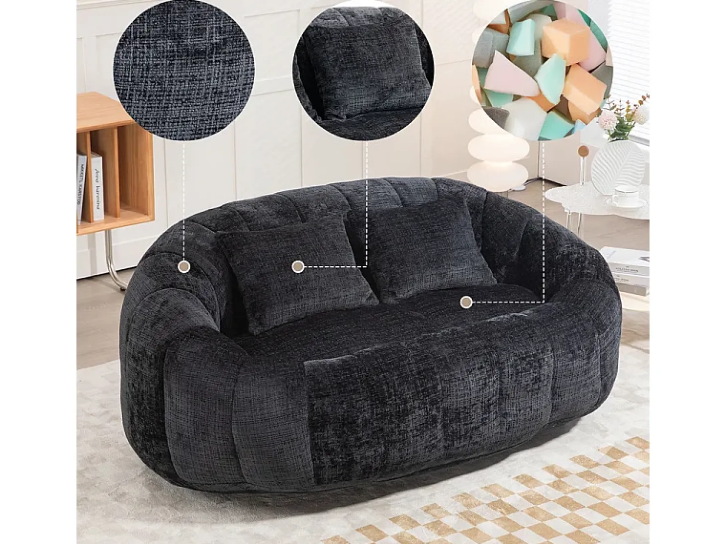 Poltrona Preguiçosa de Chenille - 2 Lugares - com 2 Almofadas - 62cm Profundidade do Assento - Carga Máx. 250kg - Preto