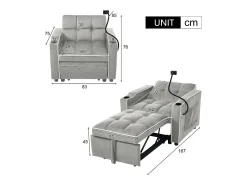 Poltrona retrátil em veludo - com suporte para copos + suporte para telemóvel - Cinza claro