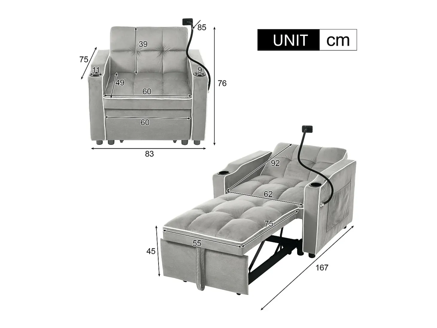 Poltrona retrátil em veludo - com suporte para copos + suporte para telemóvel - Cinza claro